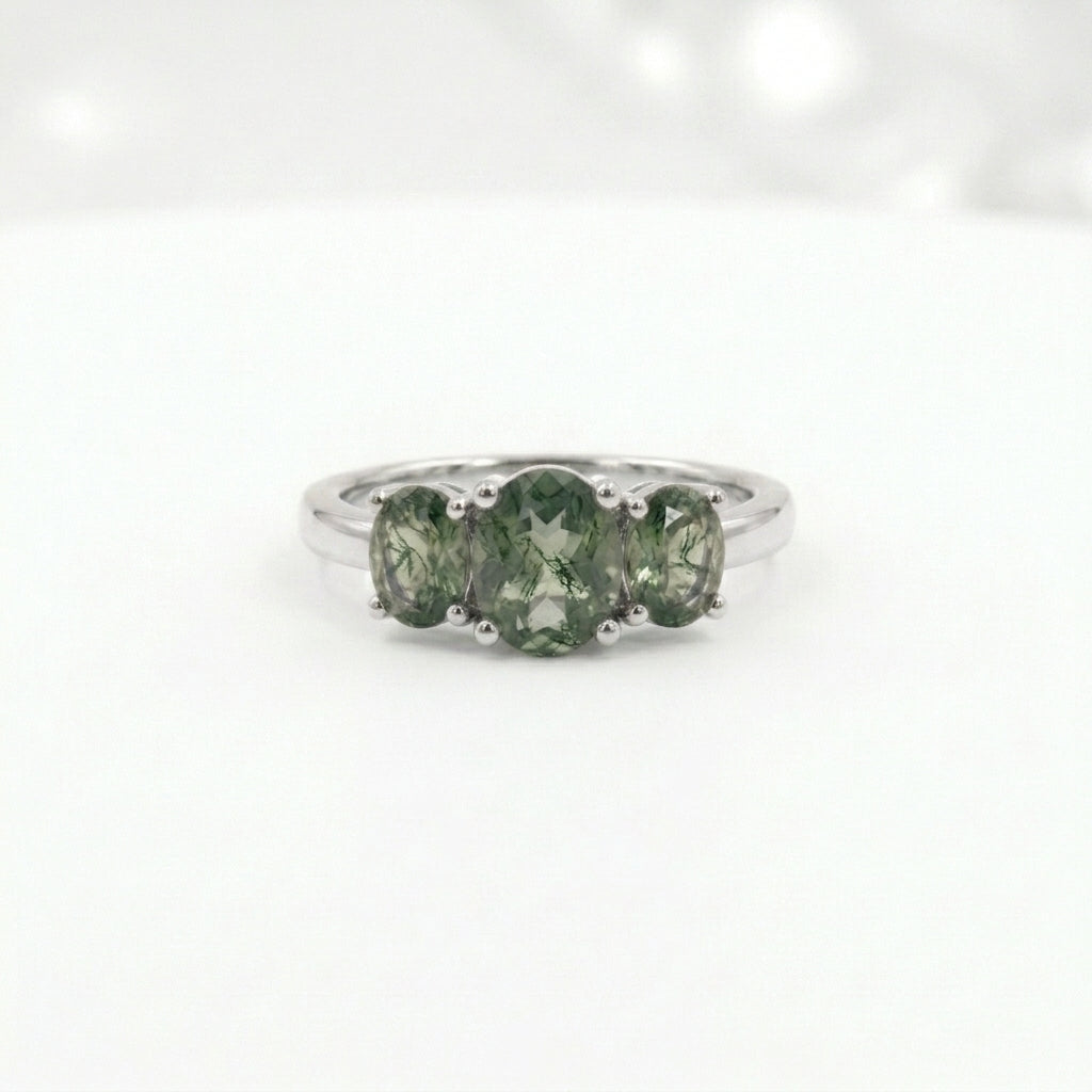 Oval Moss Agate Stacking Ring Three Stone Ring Silver PLated