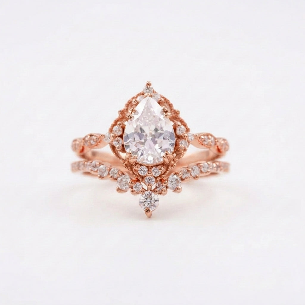 Pear Moissanite Bridal Engagement Ring With Rose Gold Plated