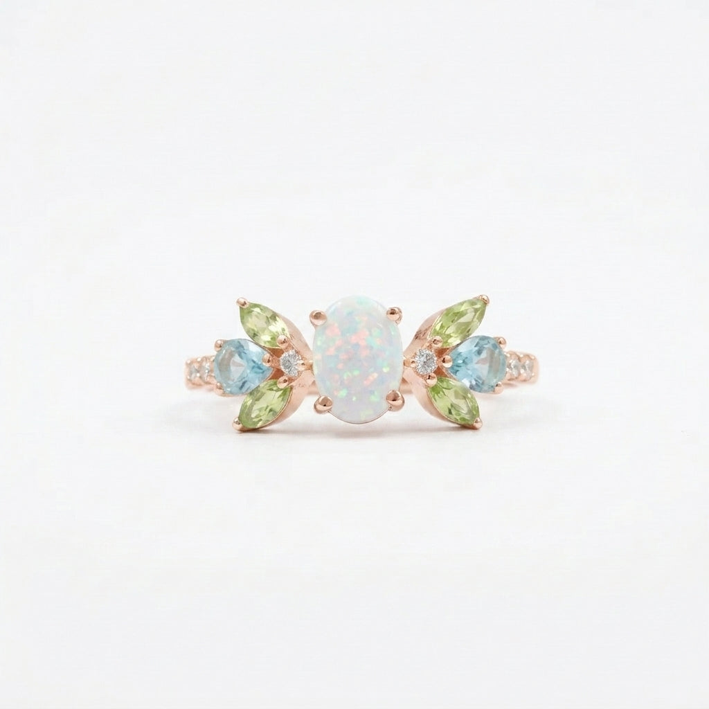Oval Cut Fire Opal Cluster October Birthstone Engagement Ring Rose Gold