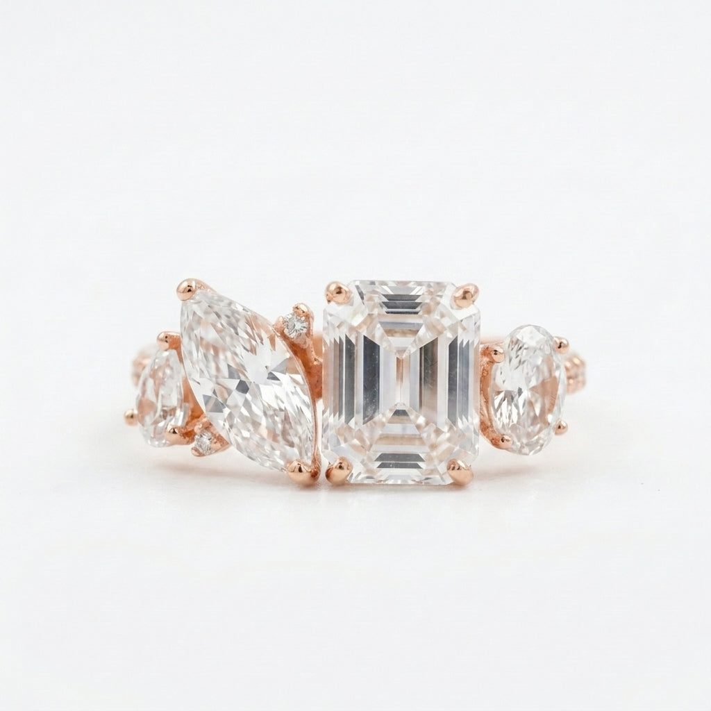 Cluster Moissanite Engagement Ring Emerald and Marquise Cut Ring With Rose Gold PLated