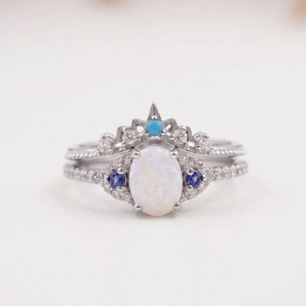 Fire Opal Engagement Ring Set with Curved Band With Silver Plated
