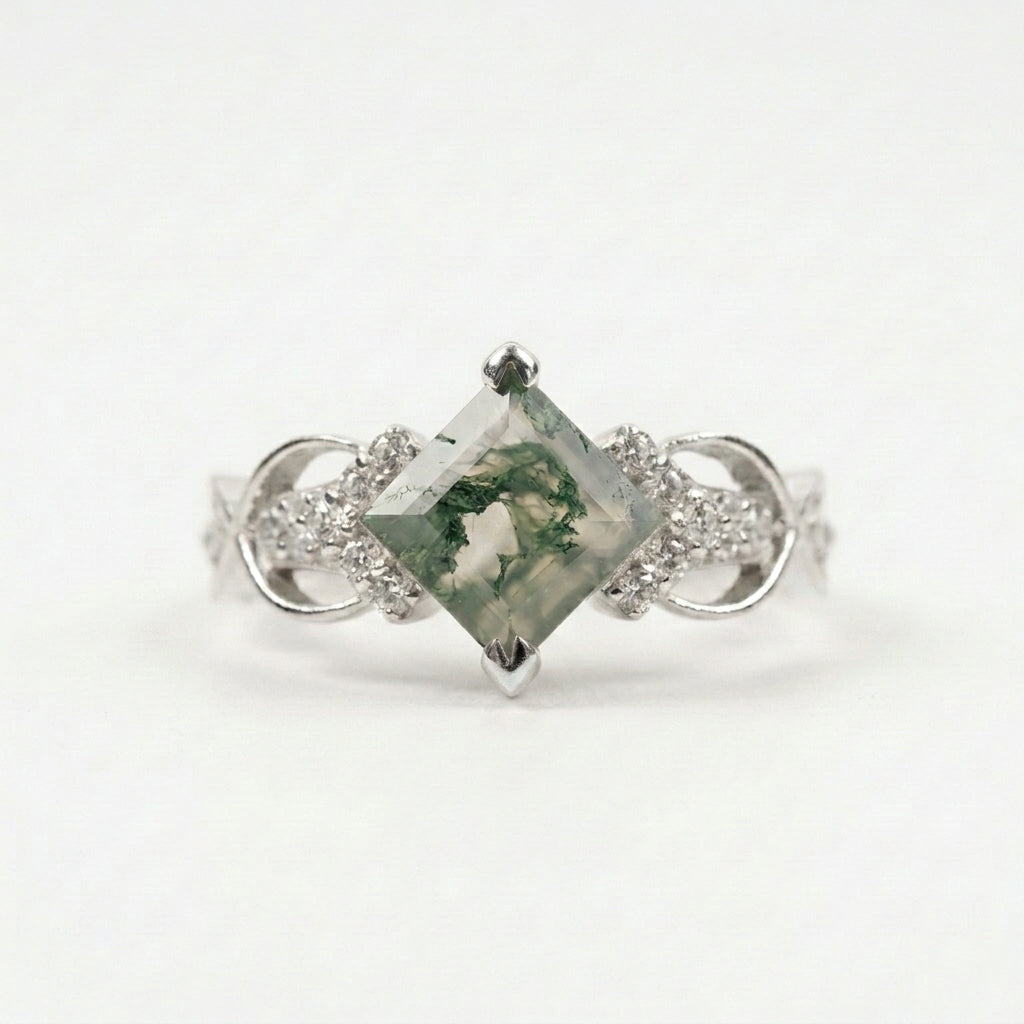 Princess cut Moss Agate engagement ring with sliver coating