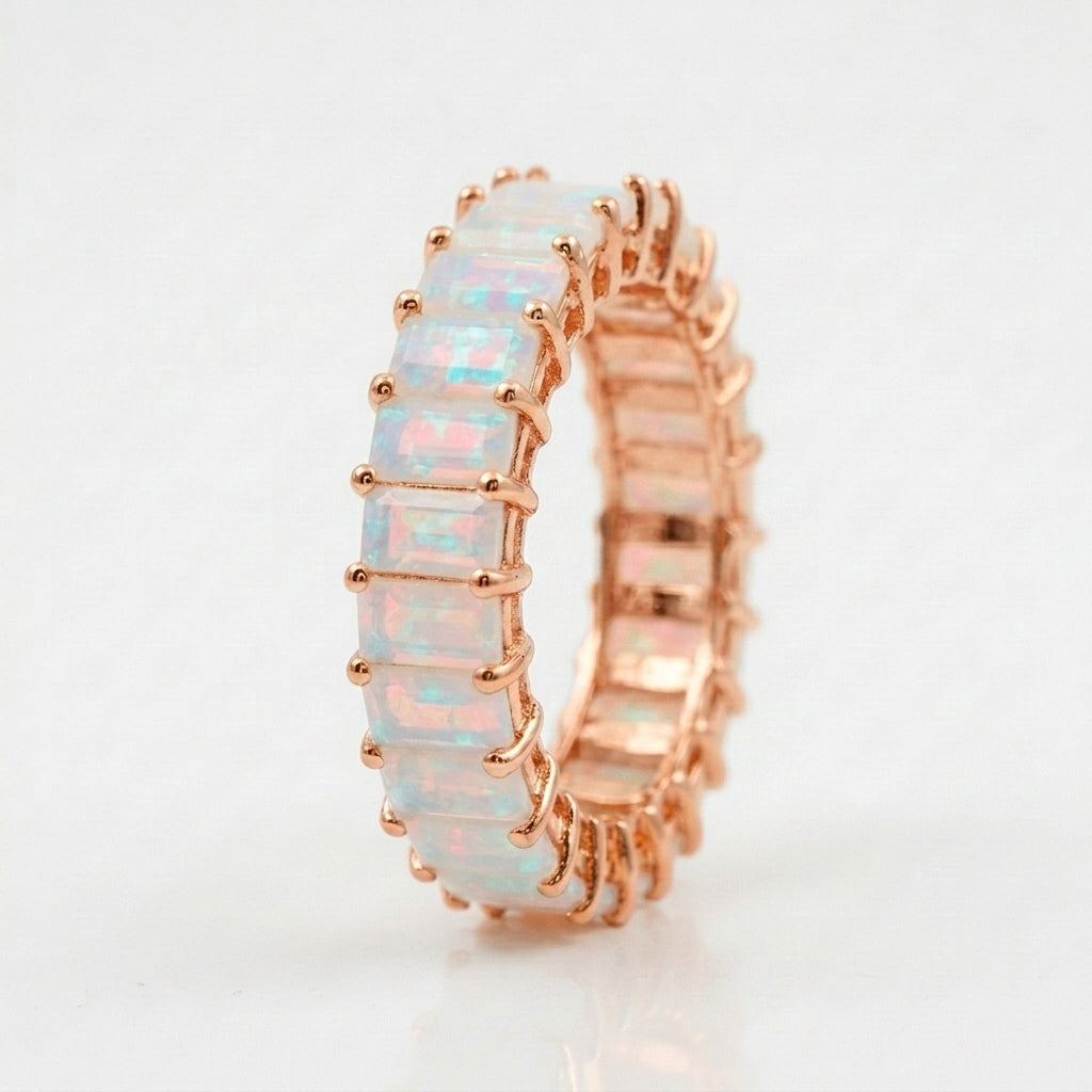 Baguette Cut Fire Opal Wedding Band With Rose Gold
