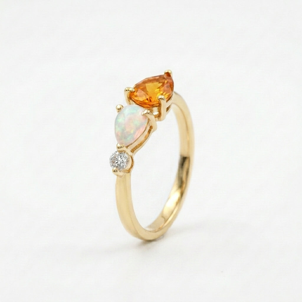 Pear Citrine Gemstone Three Stone Opal Cluster Wedding Ring With Gold PLated