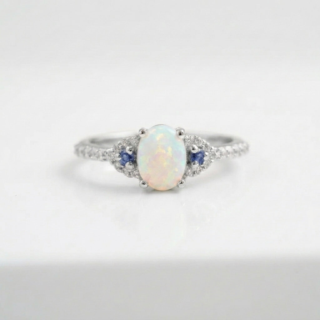 Opal & Sapphire halo Diamond Engagement Ring With Silver plated