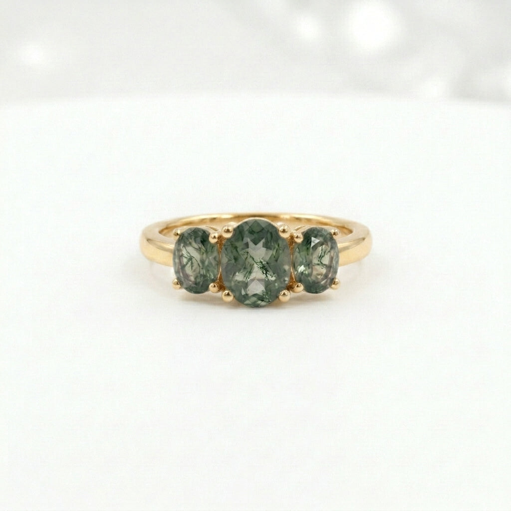 Oval Moss Agate Stacking Ring Three Stone Ring Gold Plated