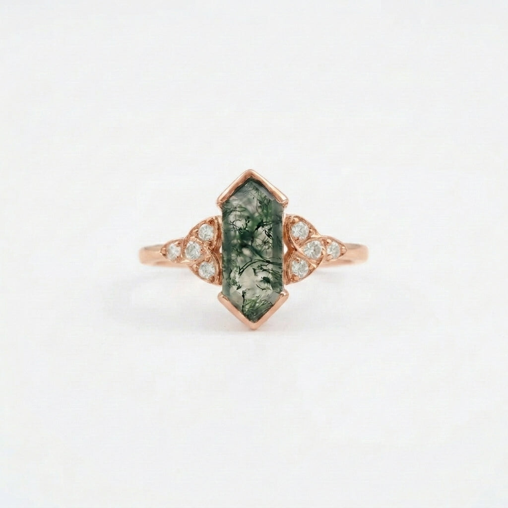 Moss Agate Hexagon Engagement Ring With Rose Gold Coated