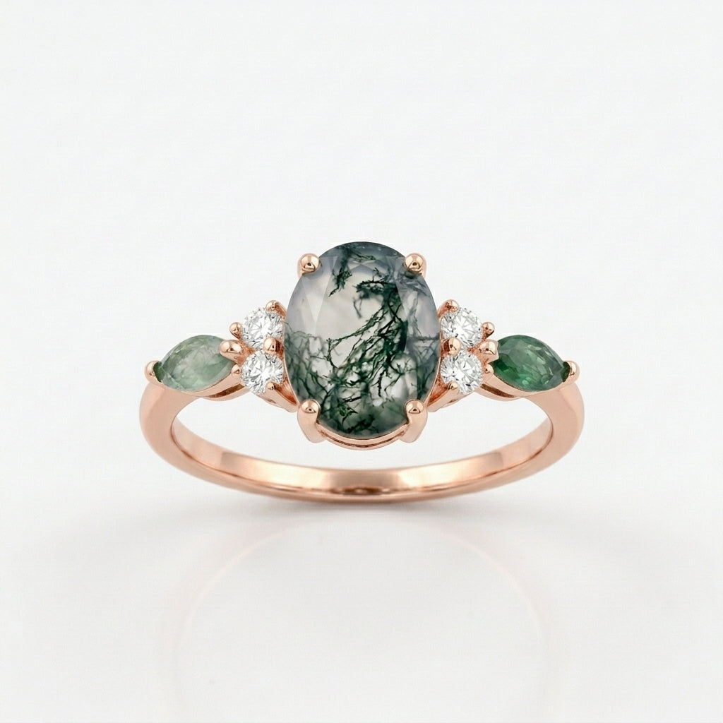 Moss Agate Oval Cut Silver Engagement Ring With Rose Gold Plated