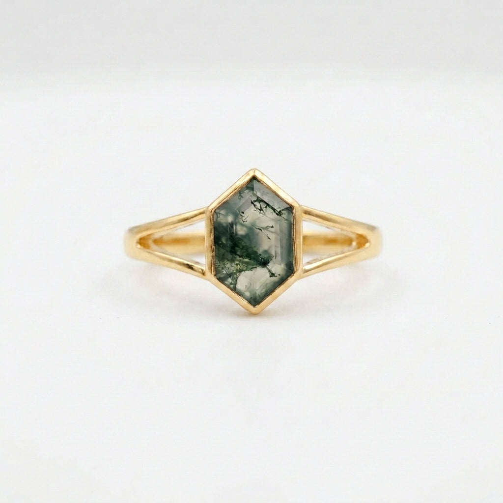 Vintage Bezel Setting Moss Agate  Engagement Ring Gold Coated