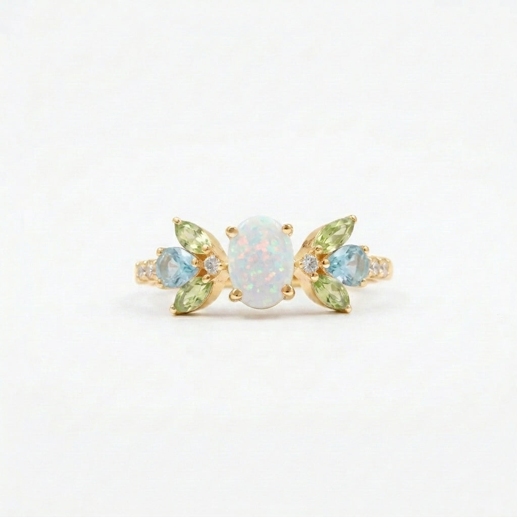 Oval Cut Fire Opal Cluster October Birthstone Engagement Ring With Gold Plated