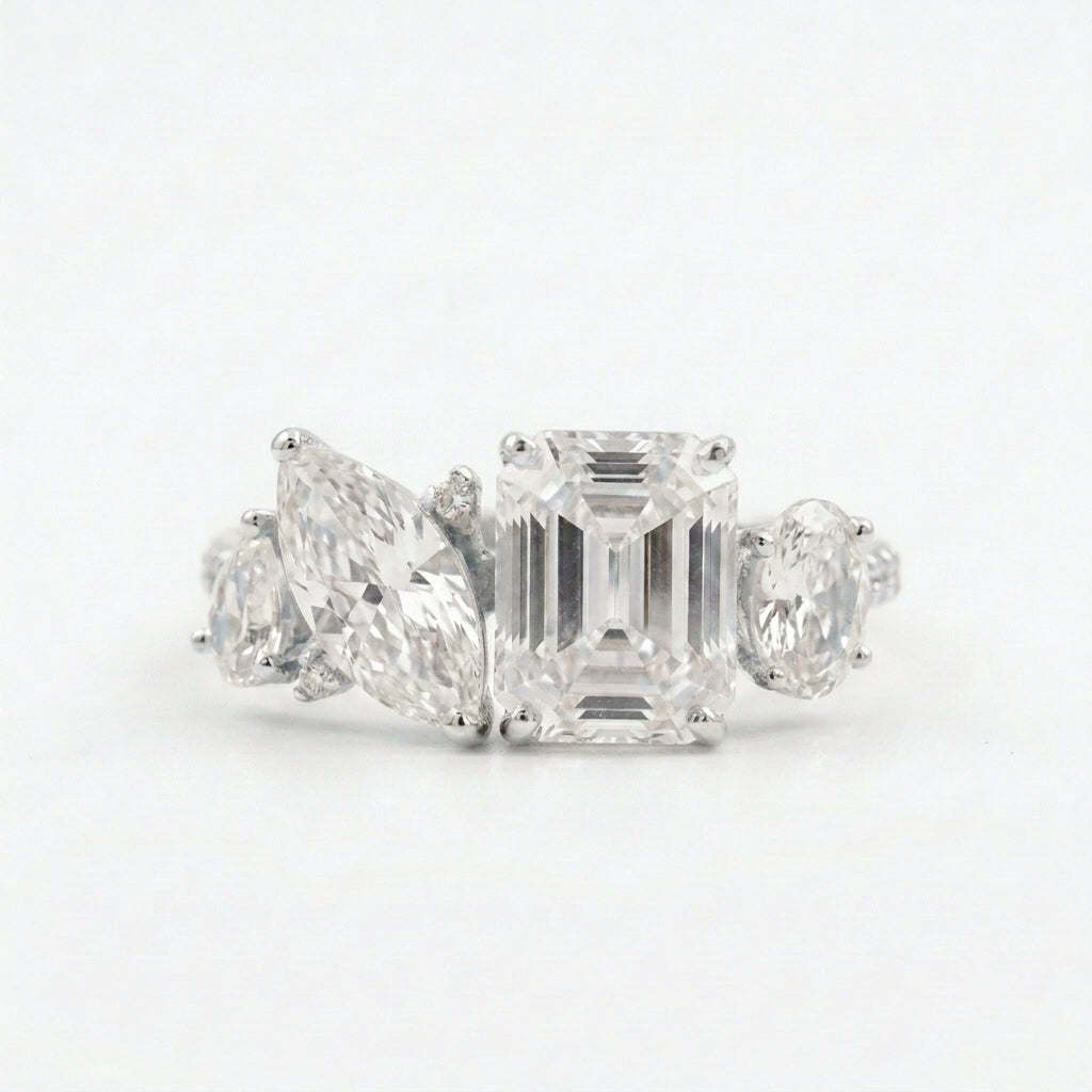 Cluster Moissanite Engagement Ring Emerald and Marquise Cut Ring With Silver