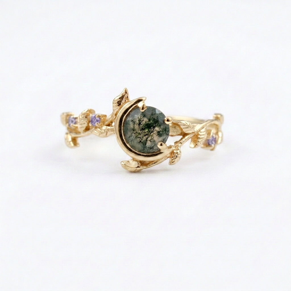 Round Natural Moss Agate Leaf Design Engagement Ring With Gold Coated