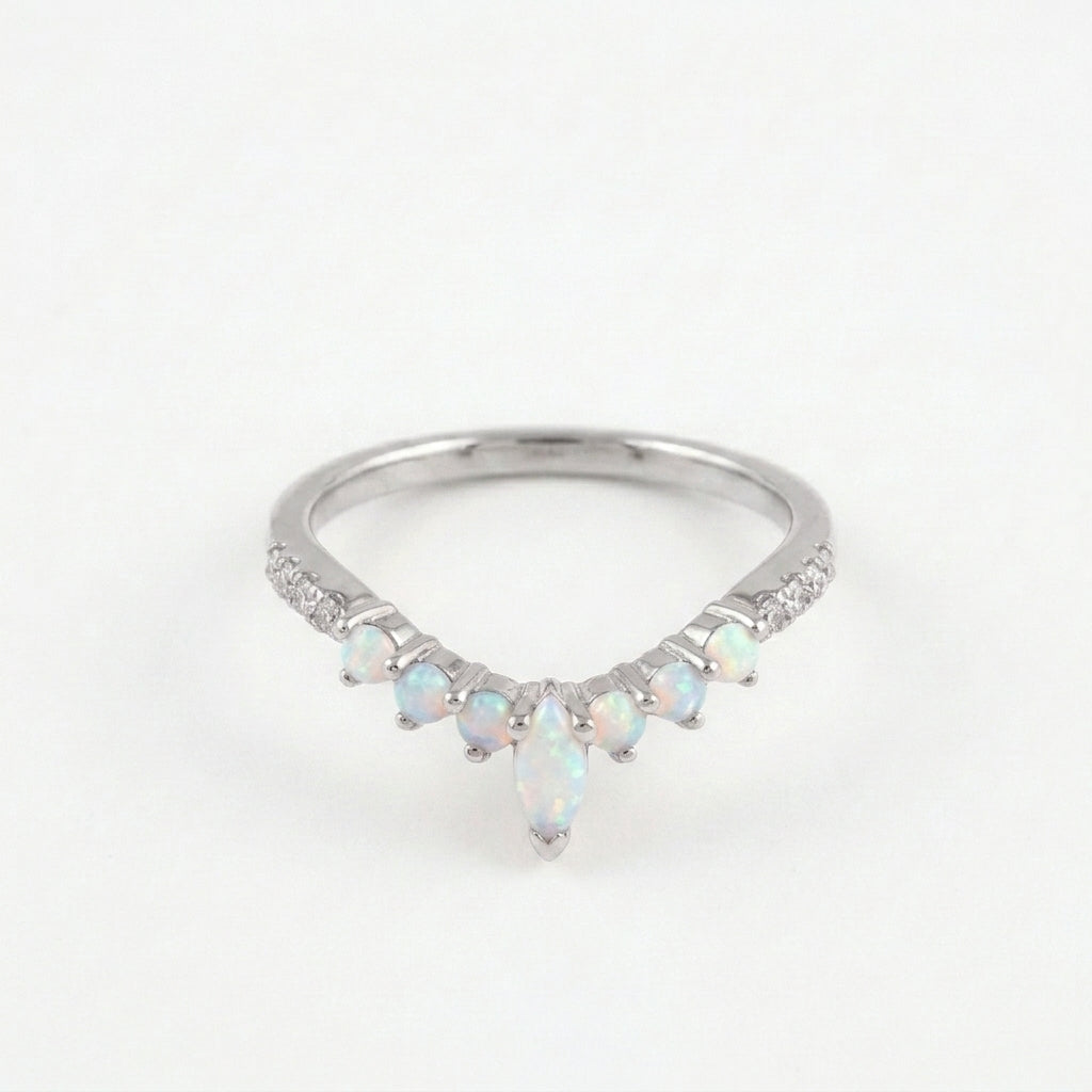 Marquise Opal Curved Wedding Band, October Birthstone With Silver Plated
