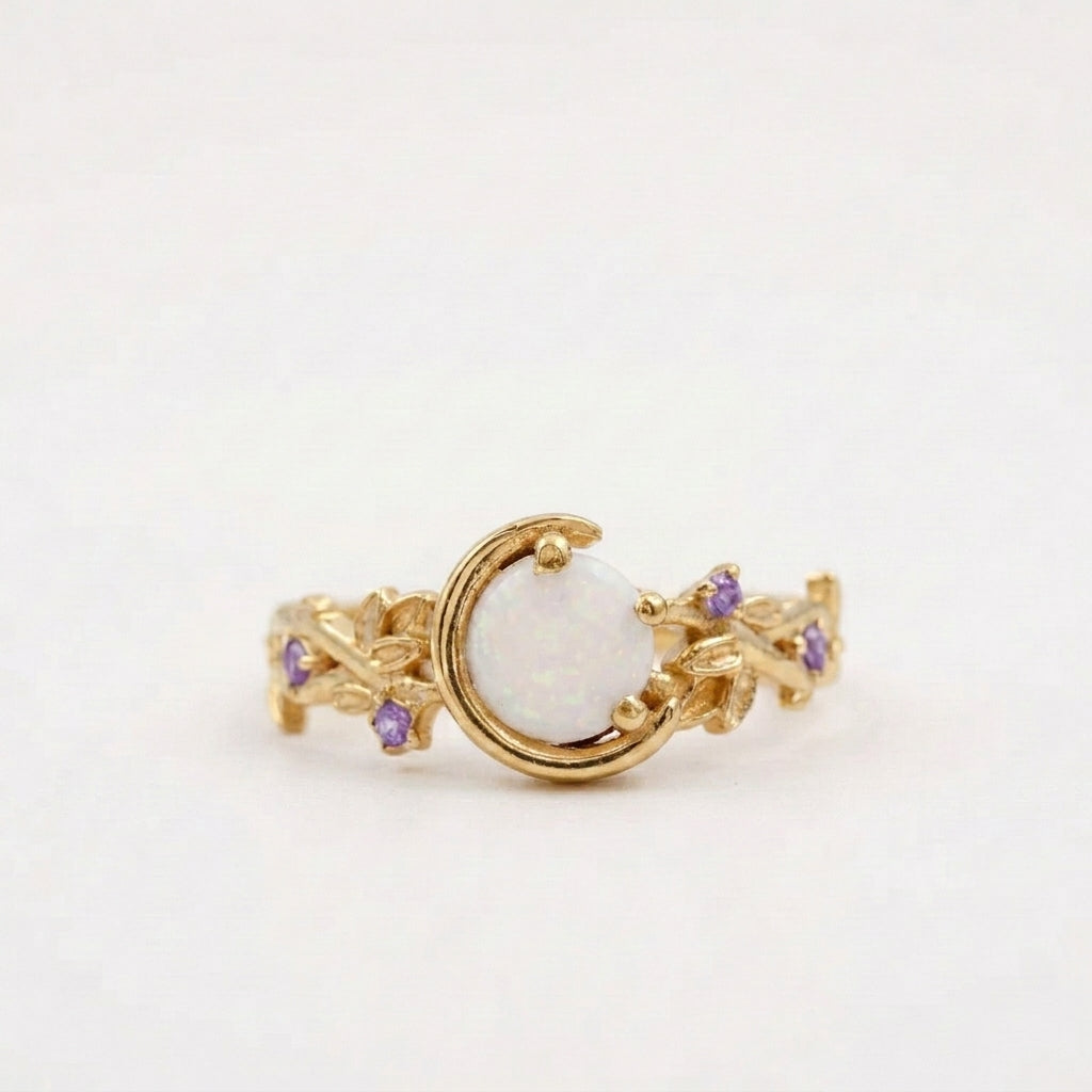 Moon Star Opal Engagement Ring with Amethyst Band With Gold Plated