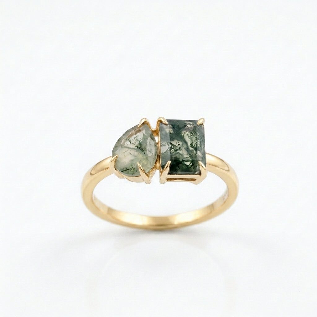 Toi Et Moi Moss Agate Emerald & Pear Cut Ring Gold Coated