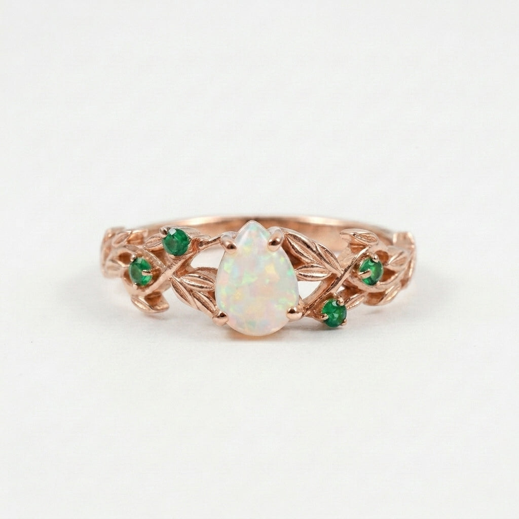Nature Inspired Opal Engagement Ring Set With Leaf Emerald Band With Rose Gold