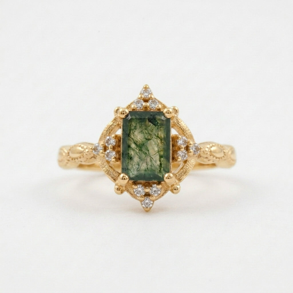 Vintage Emerald Cut Moss Agate Moissanite Engagement Ring Gold 