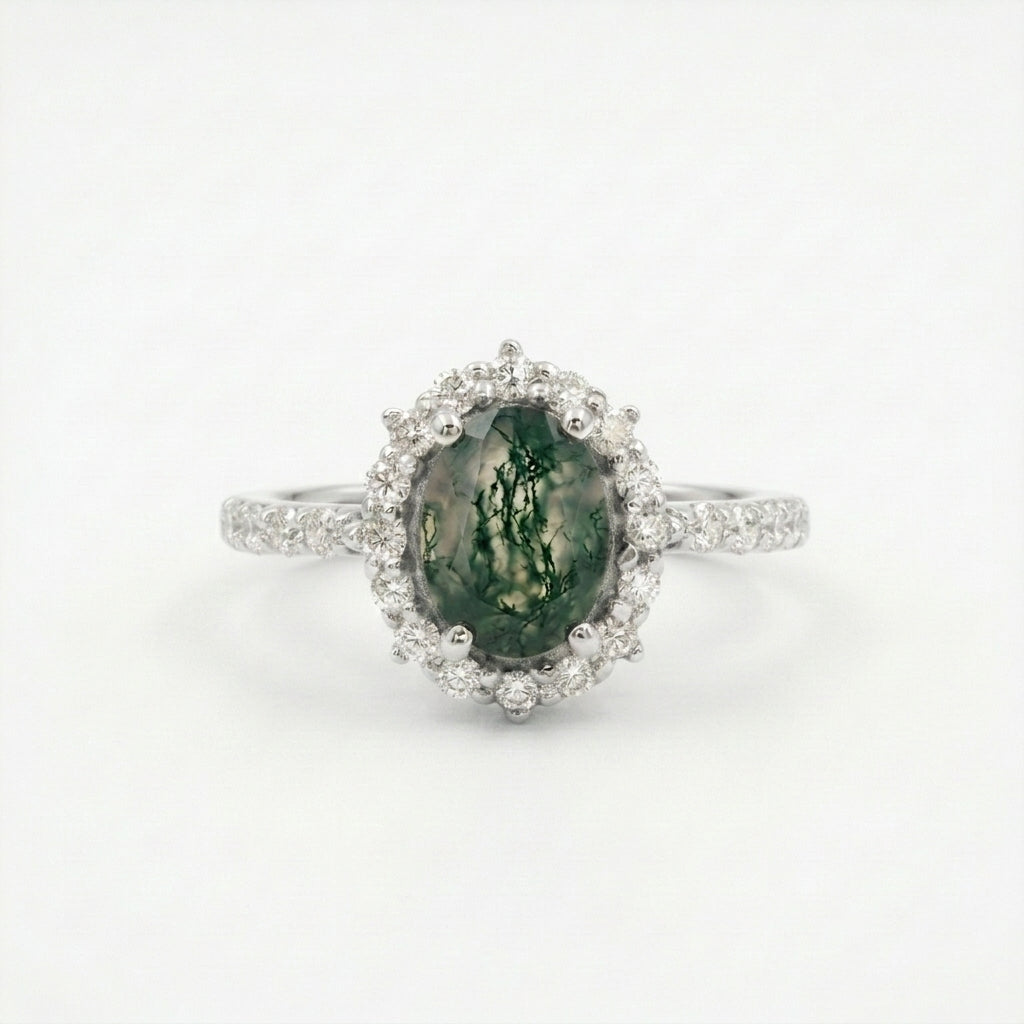 Oval Moss Agate Halo Diamond Engagement Ring With Silver Coated