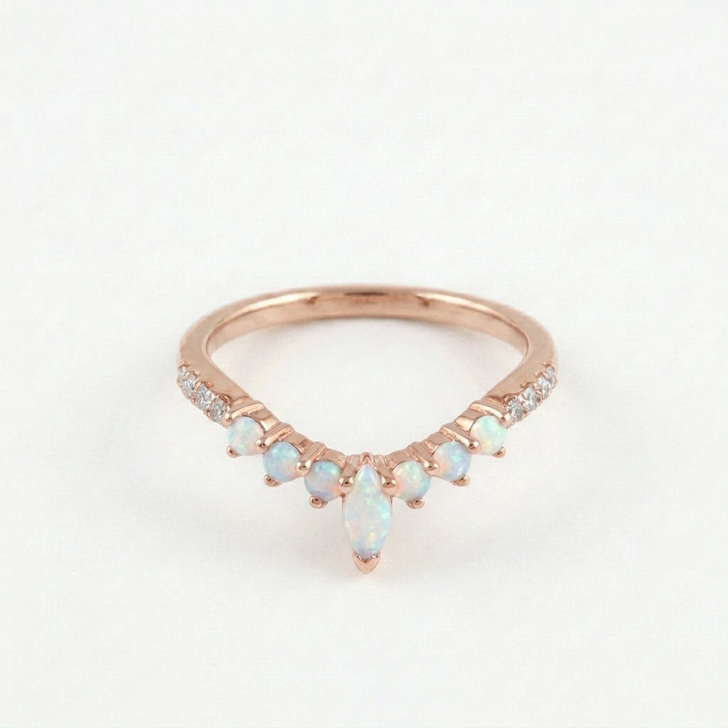 Marquise Opal Curved Wedding Band, October Birthstone With Rose Gold Plated