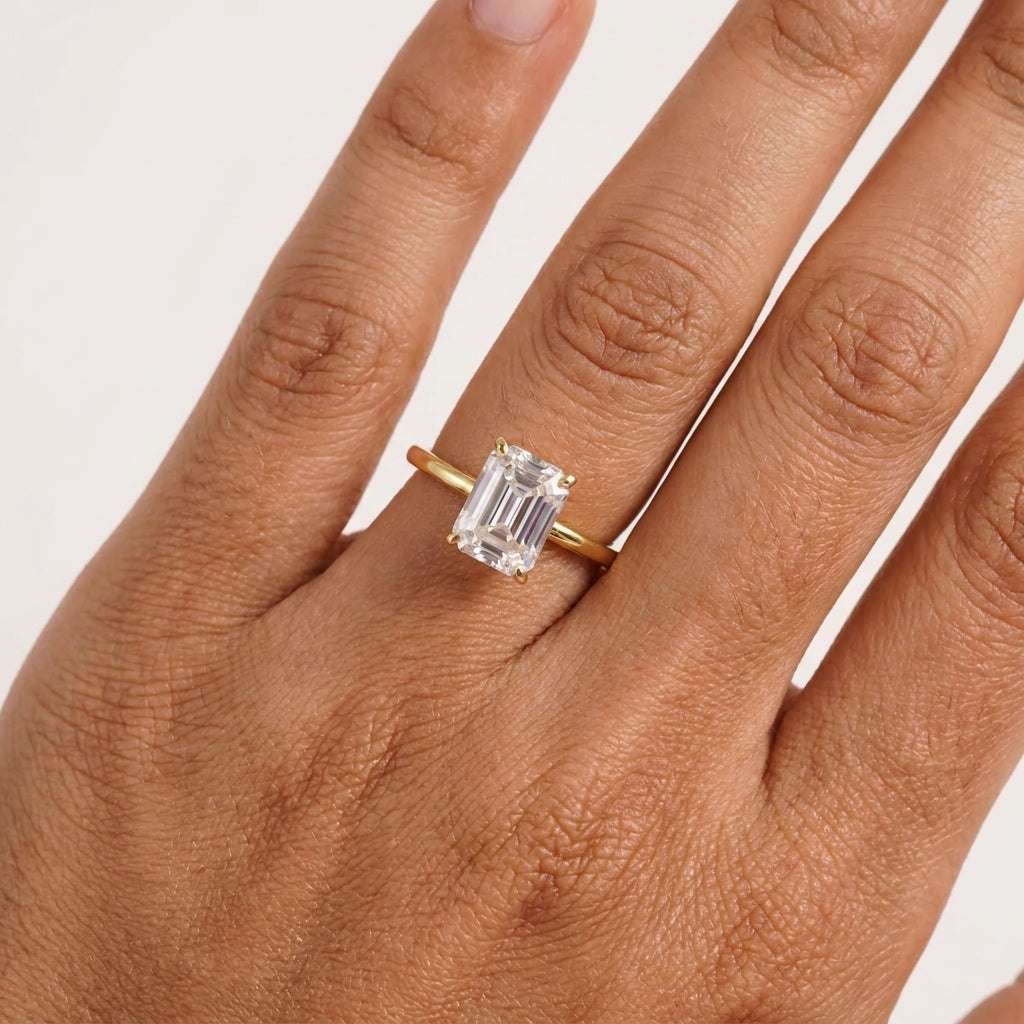 Emerald Cut Moissanite Diamond Solitaire Engagement With Hand