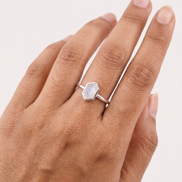 Hexagon Cut Moonstone Solitaire Ring