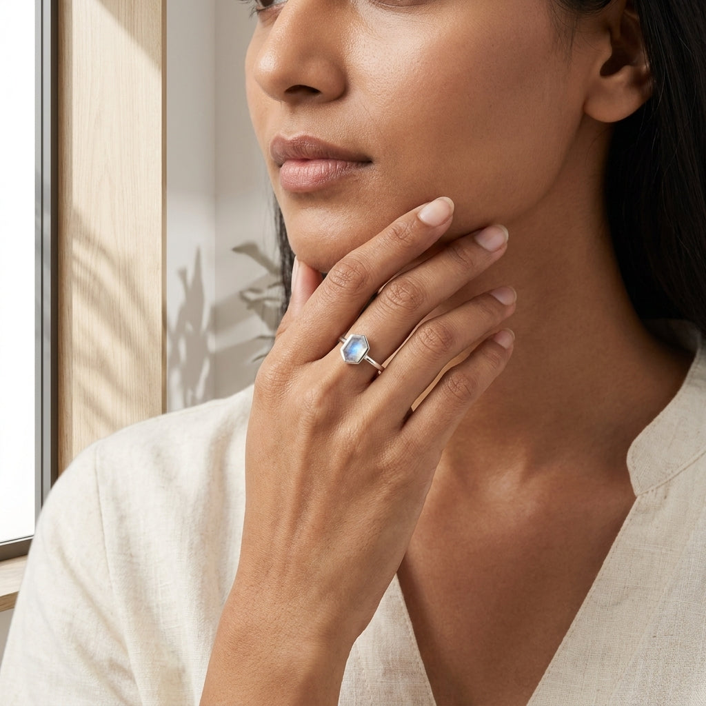 Hexagon Cut Moonstone Solitaire Ring With Model