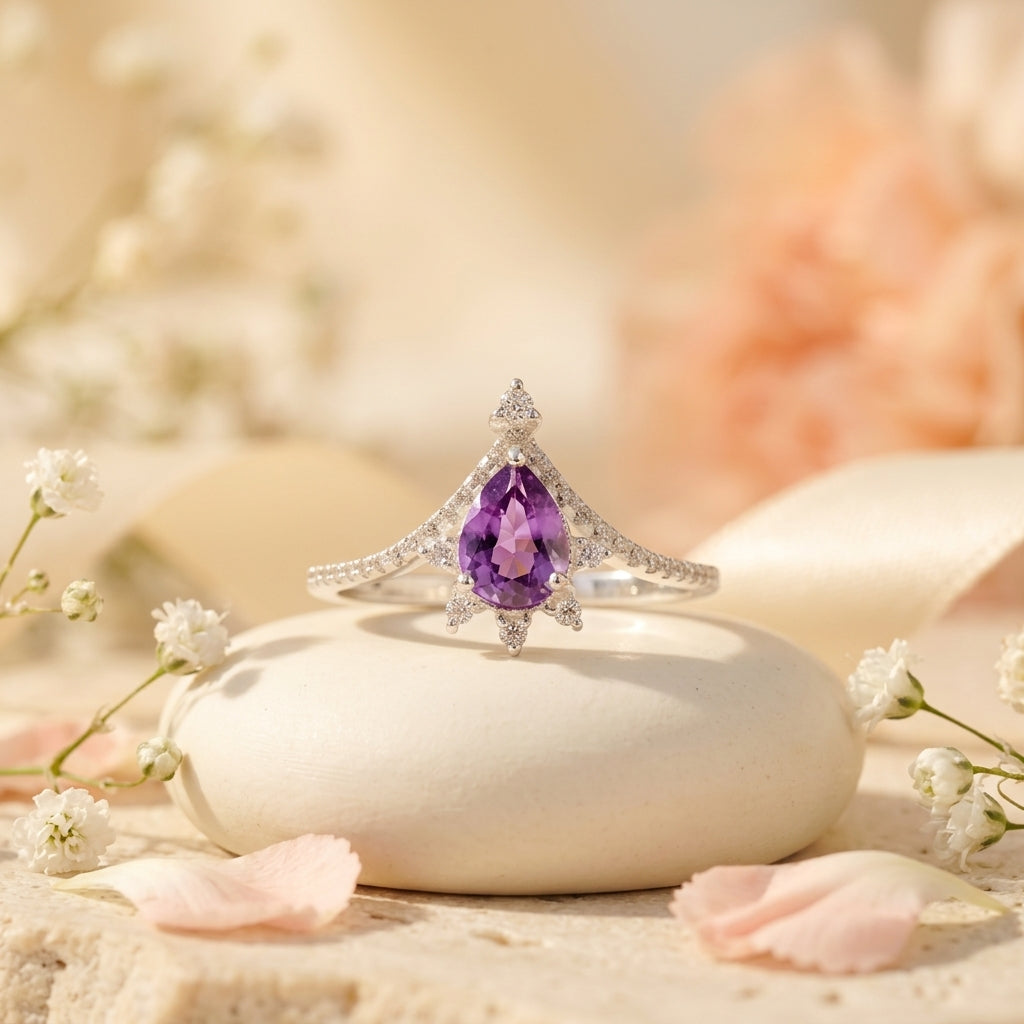 Pear Cut Alexandrite Wedding Band Stacking Diamond Curved Ring