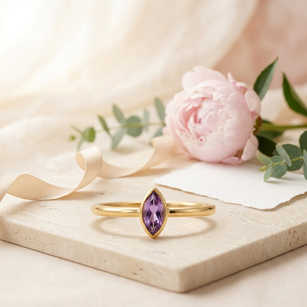 Bezel Set Dainty Marquise Alexandrite Stacking Ring For Women