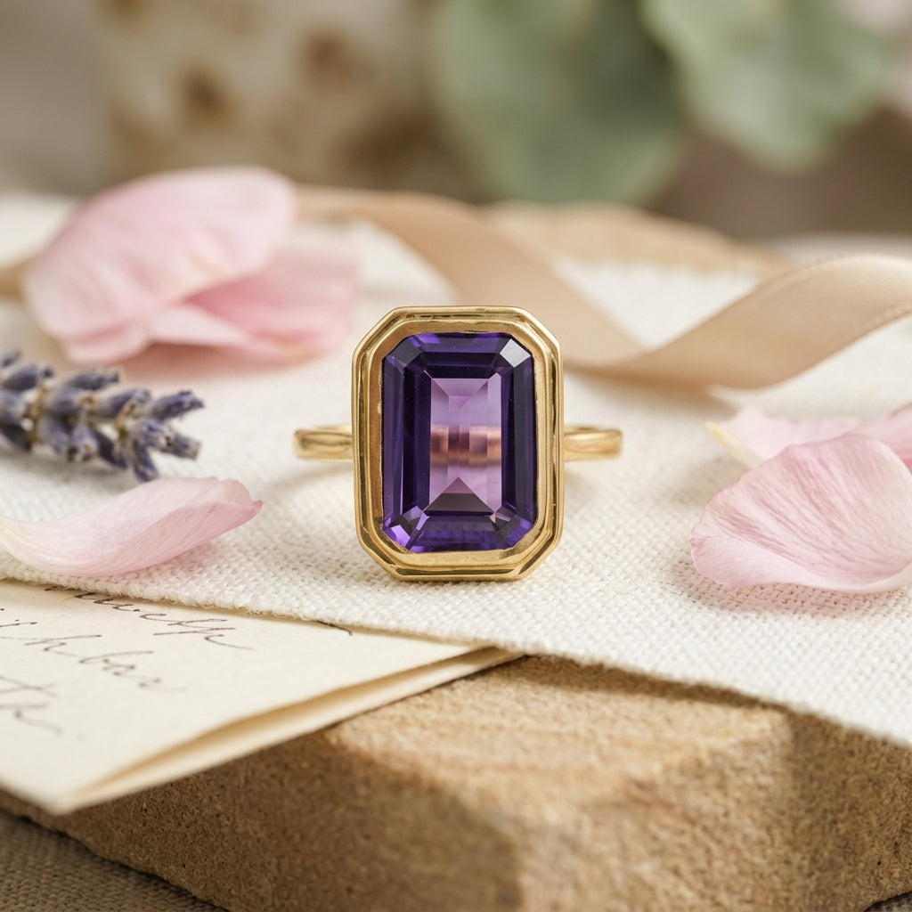 Large Alexandrite Bezel Set Engagement Ring 14K Yellow Gold