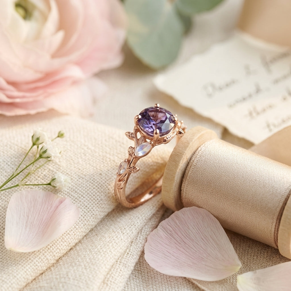 Round Alexandrite & Moonstone Inspired Leaf Design Engagement Ring