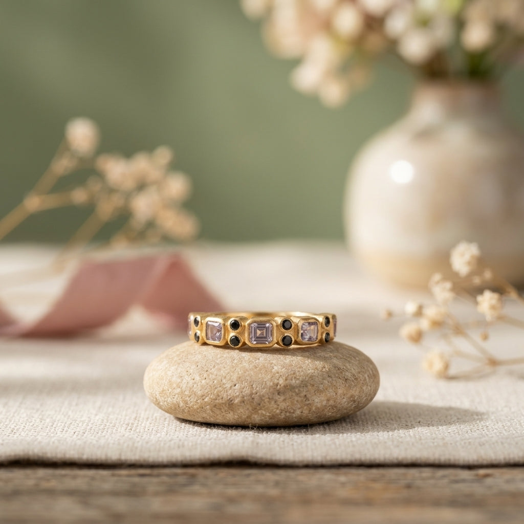 Princess Cut Alexandrite Wedding Band 14K Solid Gold Band