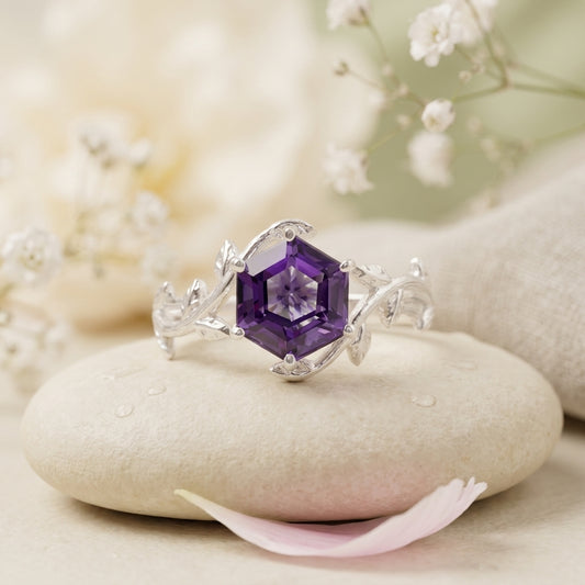 Hexagon Cut Alexandrite Nature Inspired Leaf Engagement Ring