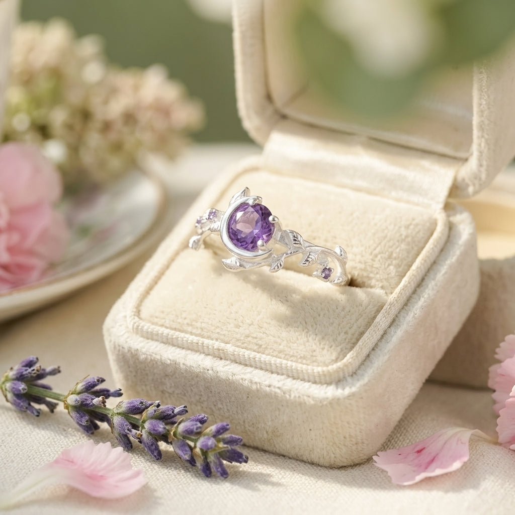 Alexandrite Moon Star Leaf Amethyst Engagement Ring