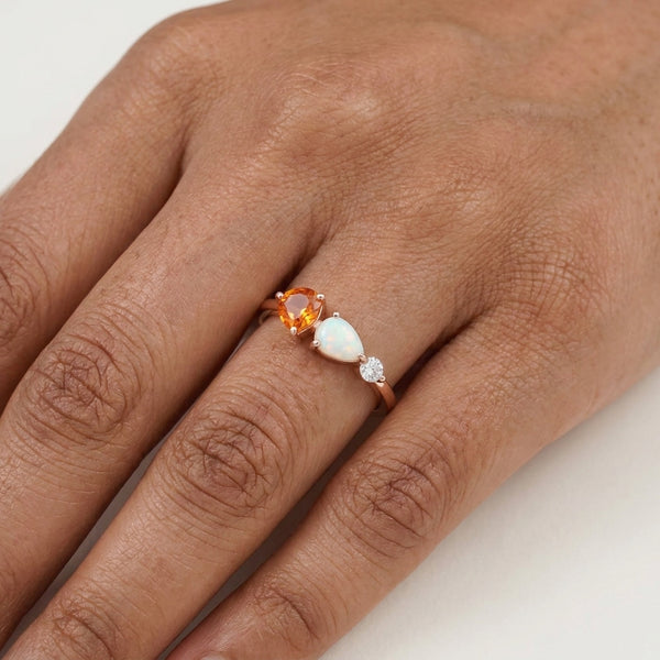 Pear Cut Citrine Art Deco Moissanite 3 Stone Wedding Band With Model hand