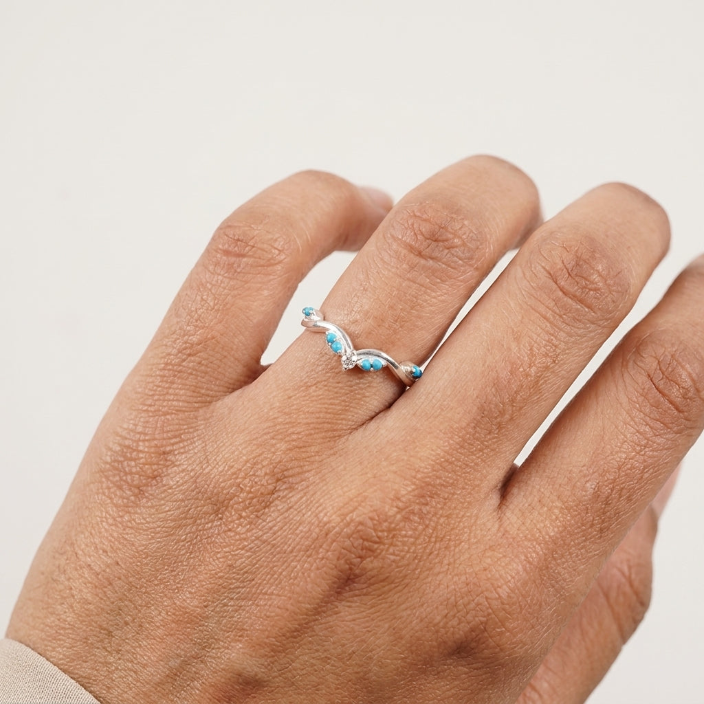 Turquoise Half Eternity Sterling Silver Wedding Band With model hand