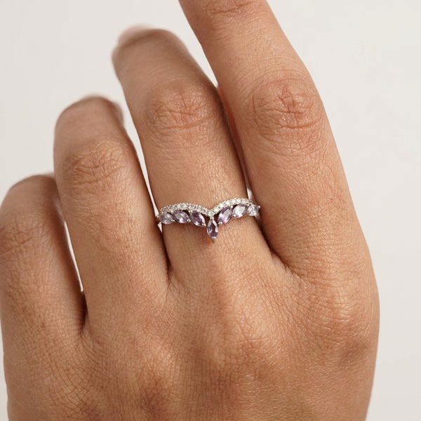 Marquise Cut Alexandrite Gemstone Wedding Band With Model hand