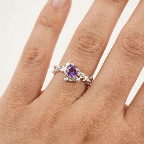 Alexandrite Moon Star Leaf Amethyst Engagement Ring With Model Hand