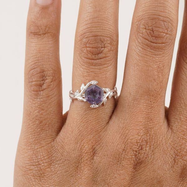 Hexagon Cut Alexandrite Nature Inspired Leaf Engagement Ring With Model hand