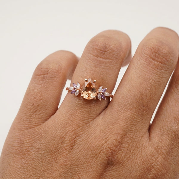 Pear Morganite Cluster Moissanite Alexandrite Ring WIth Model Hand