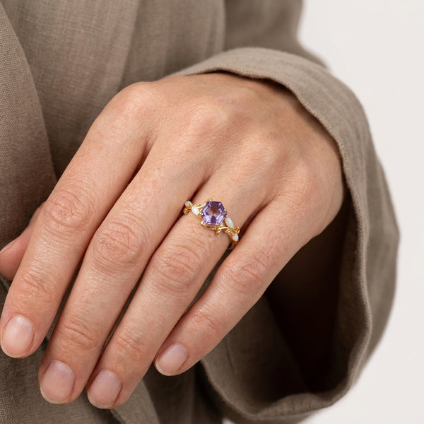 Hexagon Alexandrite Opal Engagement Ring