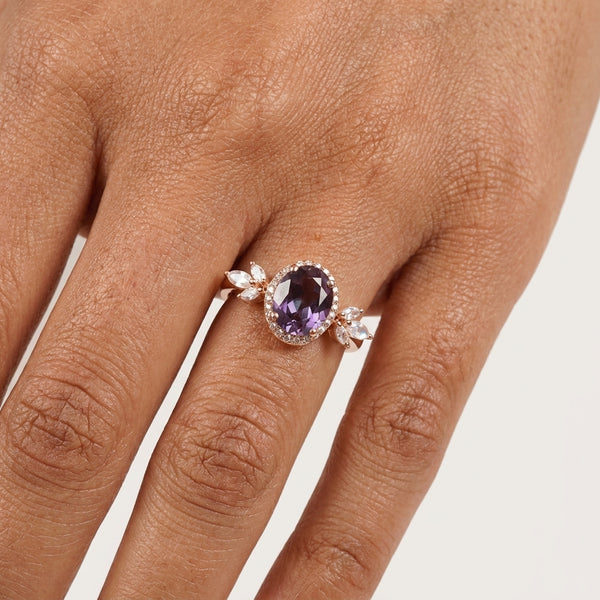 Oval Cut Alexandrite Cluster Engagement Ring With Model Hand