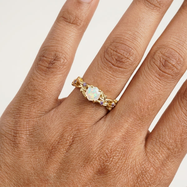 Hexagon Opal & Leaf Alexandrite Gold Engagement Ring With Model hand