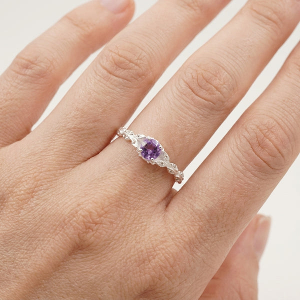 Round Cut Alexandrite 18k White Gold Dainty Engagement Ring With Model Hand