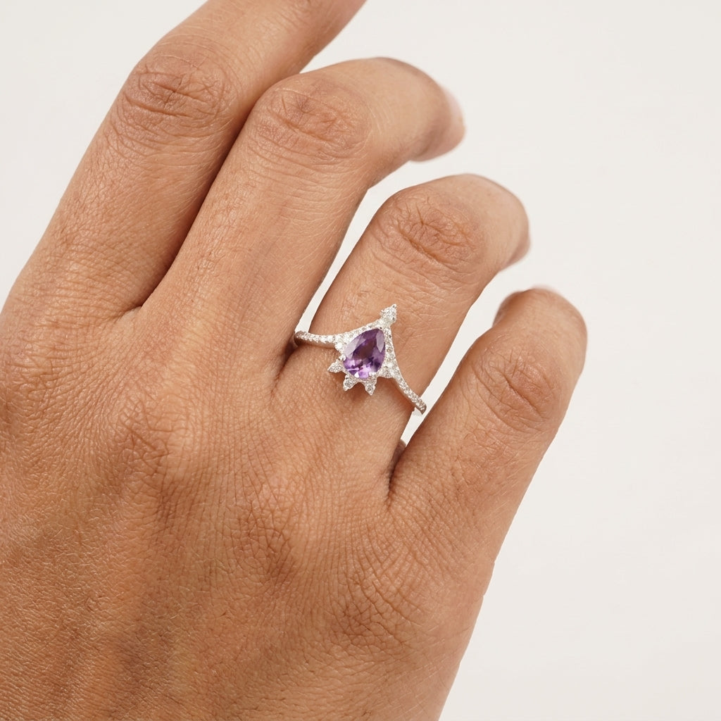 Pear Cut Alexandrite Wedding Band Stacking Diamond Curved Ring With Model hand