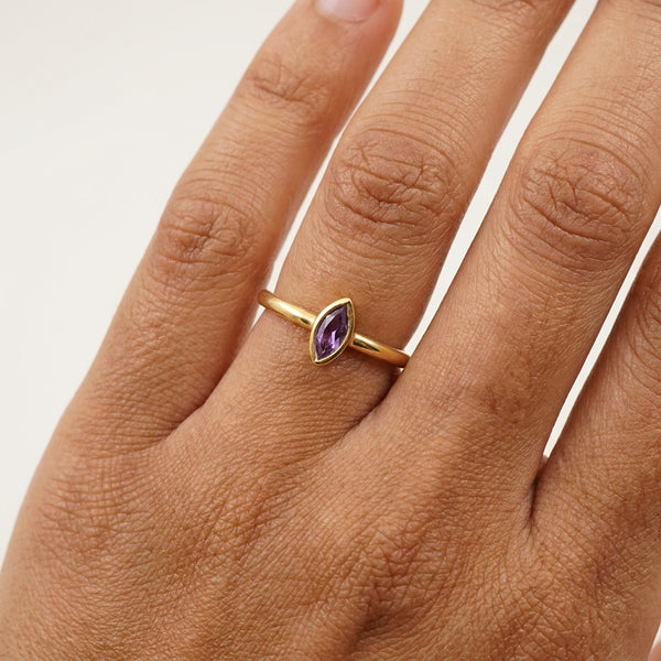 Bezel Set Dainty Marquise Alexandrite Stacking Ring For Women  With Model Hand