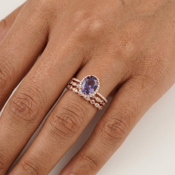 Oval Cut Alexandrite Engagement Ring 3pcs Set Halo Diamond Band With Model Hand