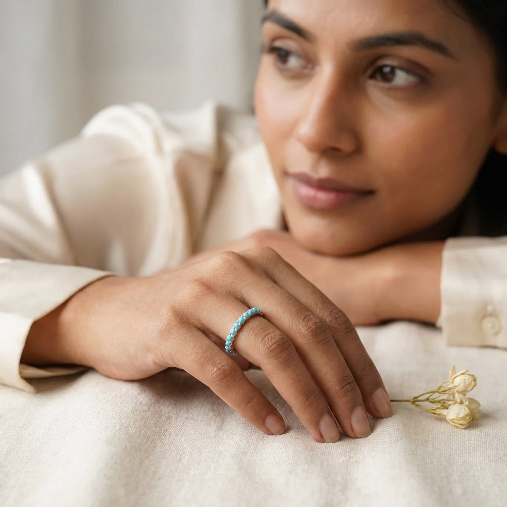 Turquoise Full Eternity Wedding Bands With Model