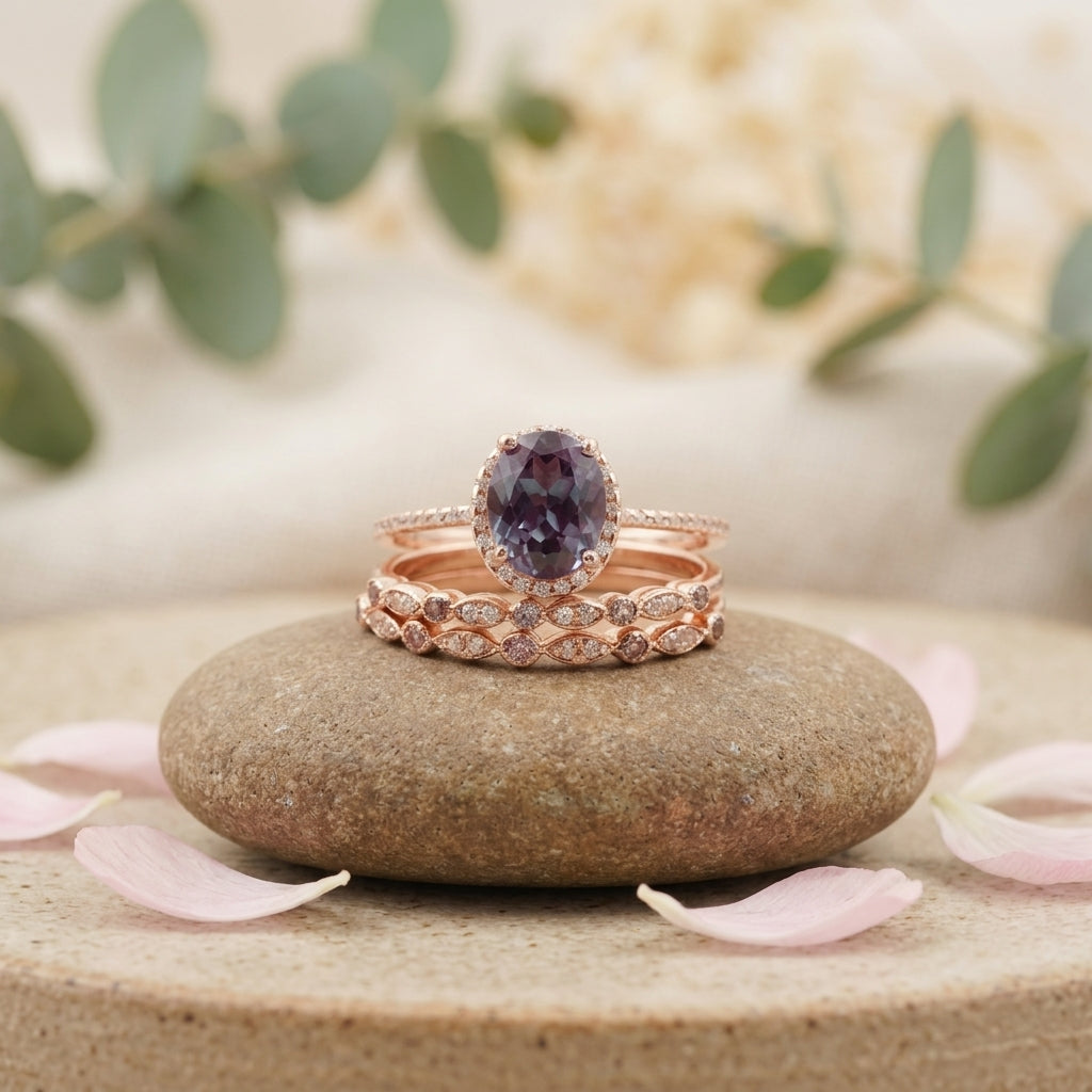 Oval Cut Alexandrite Engagement Ring 3pcs Set Halo Diamond Band