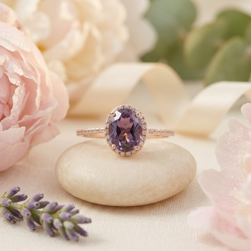 Oval Alexandrite Color-Change Stone 14K Rose Gold Halo Diamond Engagement Ring