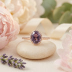 Oval Alexandrite Color-Change Stone 14K Rose Gold Halo Diamond Engagement Ring
